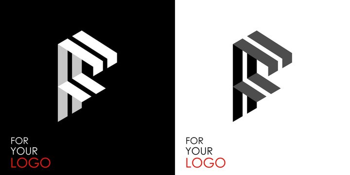 Isometric letter F. From stripes, lines. Template for creating logos, emblems, monograms. Black and white options. 3D art symbol. Vector
