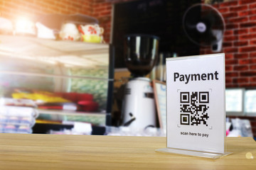 Naklejka na ściany i meble Qr code payment , online shopping , cashless technology concept. Coffee shop accepted digital pay without money , Safe from virus