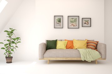 White living room with sofa. Scandinavian interior design. 3D illustration