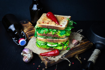 Thick tasty fresh  sandwich with  vegetables 