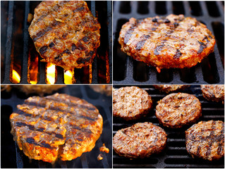 hamburgers are grilled on an open fire. food background collage