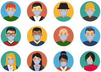 Character set, people wearing face masks, Avatar icons in flat design
