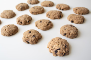 Homemade chocolate cookies in rows on a white background