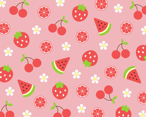 Fruit pattern.Strawberry ,citrus ,cherry ,grapefruit and watermelon with white flower blossom isolated on pink background.Design for print or screen ,wrapping paper ,fabric ,wallpaper.vector.