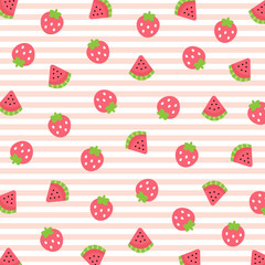 Fruit pattern.Cute fresh strawberry and red watermelon slice on white and orange stripe background.Using for print ,screen or decoration fabric ,tile ,wrapping paper ,cover book ,wallperper.Vector.