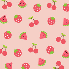 Fruit pattern.Cute fresh strawberry ,cherry and watermelon slice isolated on pink background.Using for print ,screen or decoration fabric ,tile ,wrapping paper ,cover book ,wallperper.Vector.