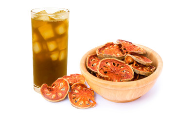 Bael fruit juice or quince tea isolated on white background. 