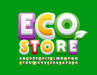 Vector trendy Logo Eco Store. Stylish Colorful Font. Bright Alphabet Letters and Numbers