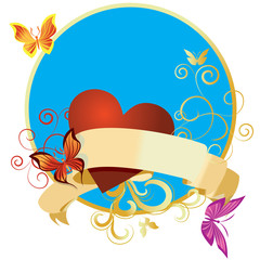 Blue circle with golden border, scroll vintage banner and butterlies colorful frame sticker