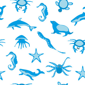 Seamless pattern with ocean creatures on white. Vector illustration of an octopus, a crab, a jellyfish, a dolphin, a starfish, a seal, a seahorse, a moray eel, a turtle, a whale. Great baby textile.