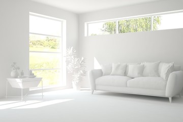 White minimalist living room with sofa. Scandinavian interior design. 3D illustration