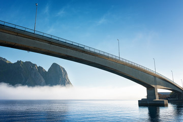 Bridge between Kvalvika and Sakrisoya, small islands on Lofoten archipelago..Near Reine.