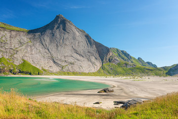Panoramic view of the Bunes beach. Lofoten island.