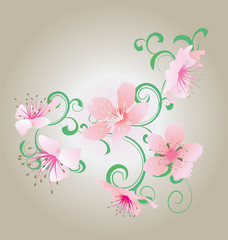 Fototapeta na wymiar green ornament and pink flowers illustration