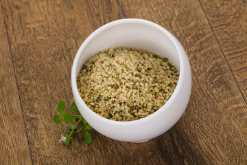 Peeled hemp seeds in the bowl