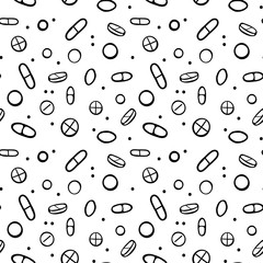 Seamless pattern of tablets, pills in a drawn style.