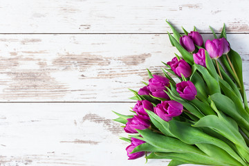 Bouquet of spring purple tulips on white wooden background top view. Spring background. Holiday greeting card.