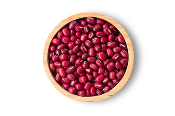 Red Adzuki bean in wooden bowl isolated on white. Top view.