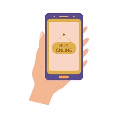 Buy, Shopping online, ordering the necessary goods online. Hand holds the phone. Food basket. Modern technology, home delivery. Colorful illustration on a white background, isolate vector