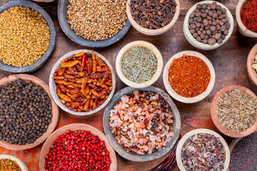 Indian spices collection, dried colorful condiment, nuts, pods and seeds and another spices in clay bowls