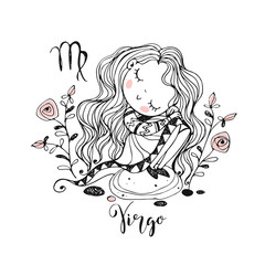 Children's zodiac. Sign Of Virgo. Cute girl sitting on a rock. Vector. Black-white
