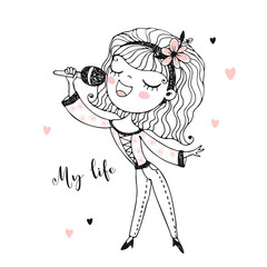 Cute girl sings a song into the microphone. Vector. Black-white