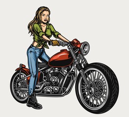 Fototapeta na wymiar Vintage template of pretty girl on motorbike