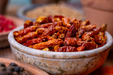 Indian spices collection, dried red hot chili peppers and another spices in clay bowls