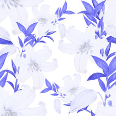 Seamless pattern with garden flowers: tulips, peony, rose, lily, bluebell. Decorative floral pattern. Colorful nature background. Can be used for wedding invitations or any kind of a design.