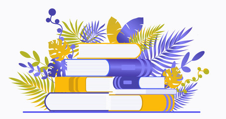 Stack of books with tropical leaves. Reading literature, gaining knowledge and learning. Store e-books in the cloud. Flat illustration isolated on white background. Online library.