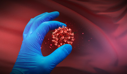 A hand in a medical glove holds a molecule, medical science concept, on background flag of Montenegro. 3D illustration.