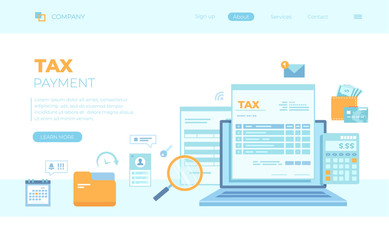 Tax payment. State Government taxation, calculation of tax return. Tax form, financial calendar, magnifying glass, money, credit card, invoice. Can use for web banner, landing page, web template.