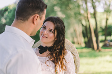 Fototapeta premium Happy wedding couple staying over beautiful landscape