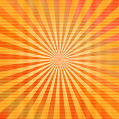 Pop art colorful comics book magazine cover. Striped rainbow background. Cartoon funny retro pattern strip mock up. Vector halftone illustration. 90-s style. Sunburst, starburst shape.