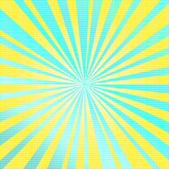 Fototapeta premium Pop art colorful comics book magazine cover. Striped colorful background. Cartoon funny retro pattern strip mock up. Vector halftone illustration. 90-s style. Sunburst, starburst shape.