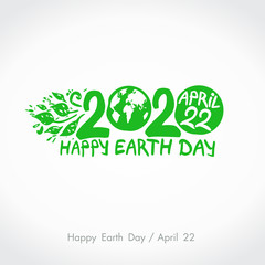Green handwritten logo 2020 Happy Earth Day. April 22. Vector hand drawn template.