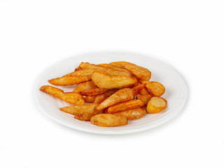 Golden fried rustic potato on a white plate side view