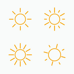Vector set of suns. Four line art simple flat icon solar symbols.