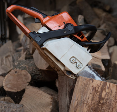 chainsaw sticking out of a wooden stump, close-up