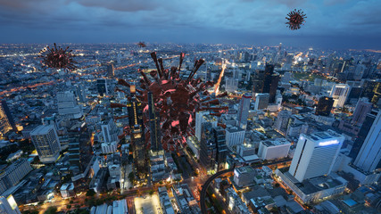 Quarantined City with coronavirus cells concept. Covid-19 virus cell (coronavirus 2019) in the city day to night time-lapse. Concept of spread of the virus in big city, 3d rendering city background.