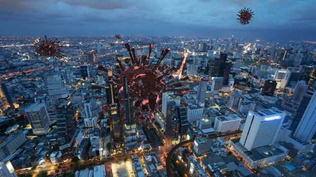 Quarantined City with coronavirus cells concept. Covid-19 virus cell (coronavirus 2019) in the city day to night time-lapse. Concept of spread of the virus in big city, 3d rendering city background.