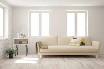 Fototapeta premium White living room with sofa. Scandinavian interior design. 3D illustration