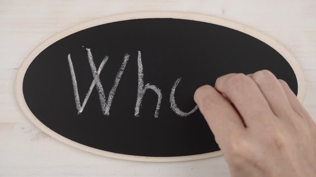 Top view flat lay of a woman's hand writing the Five Ws Who What Where When Why in lowercase chalk on a blackboard