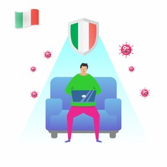 Work from home during the COVID-19 virus outbreak. People work at home to prevent viral infections. an Italian man who works on a sofa with a laptop at home. stay home and stay healthy