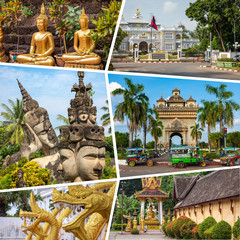 Fototapeta na wymiar Collage of popular tourist destinations in Laos. Travel background. Southeast Asia.