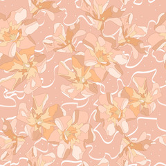 Spring or summer peachy colored floral vector seamless pattern. Hand drawn abstract flowers and white curly ribbon. Softness Ornate template for design, textile, wallpaper, ceramics tiles.