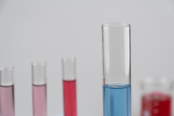 Methylene blue test liquid in test tube, laboratory sample of blood testing for diagnosis virus infection, the pandemic infectious concept