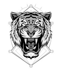 Tiger logo. Black white illustration of a tiger head. Portrait of a predator. Tattoo wild cats.