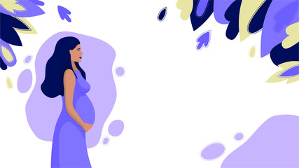 Pregnant woman in a long term in a dress, vector illustration in purple colors, surrounded by plants, web format