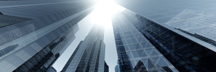 Beautiful skyscrapers against a bright sky, high-rise buildings from below, 3D rendering
